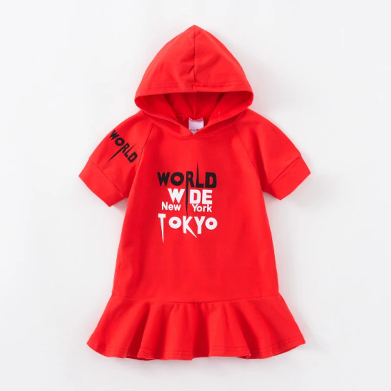 Летнее платье для девочек; От 3 до 6 лет хлопковое Спортивное платье с капюшоном для маленьких девочек; коллекция года; модное платье с буквенным принтом; одежда для маленьких девочек