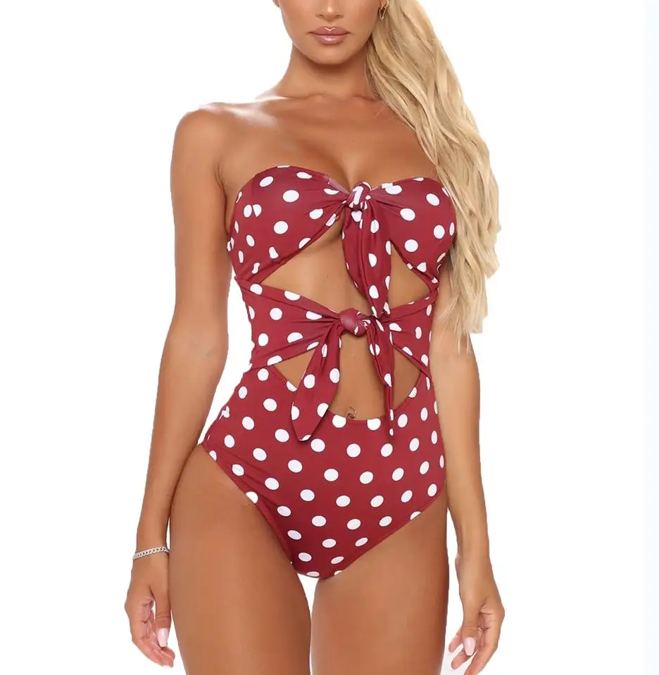 

Yiiciovy Female Swimsuits Polka Dot Print Sleeveless One-Piece Swimwear for Women Sexy Hollow Out Monokini Bathing Suits 2021