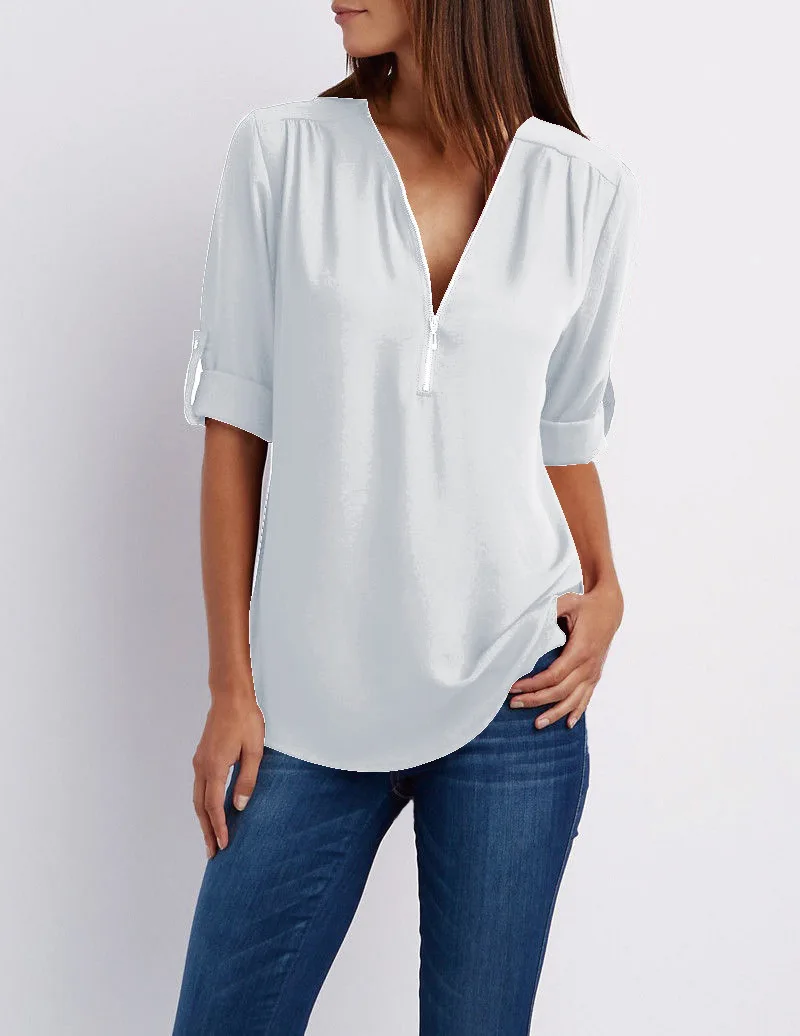 S-5XL Women Chiffon Blouse Casual Half Sleeve V-Neck Zipper Blue Irregular Loose Shirts Summer Autumn Sexy Tops Plus Size Shirts - Цвет: 6186 White