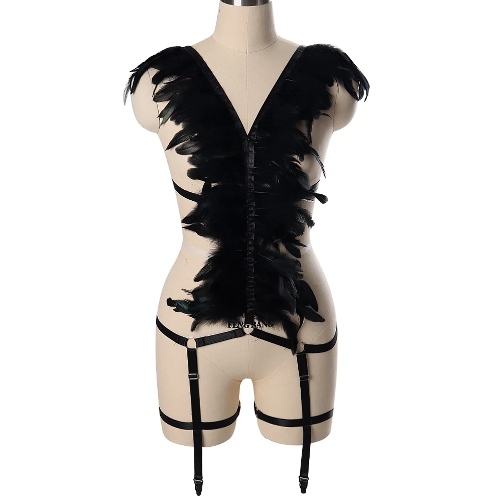 

Feather Bondage Body Harness Belt Pole Dance Sexy Lingerie Punk Leg Garter Hollow Open Chest Bra Women Black Adjust Bodysuit