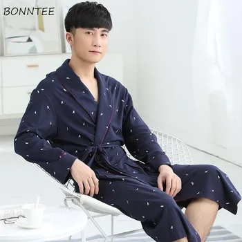 

Robes Men Printed Long Sleeve Casual Mens Bathrobes Cotton Comfortable Bathrobes Homewear Kimono Big Size 3XL Loose Ulzzang Chic