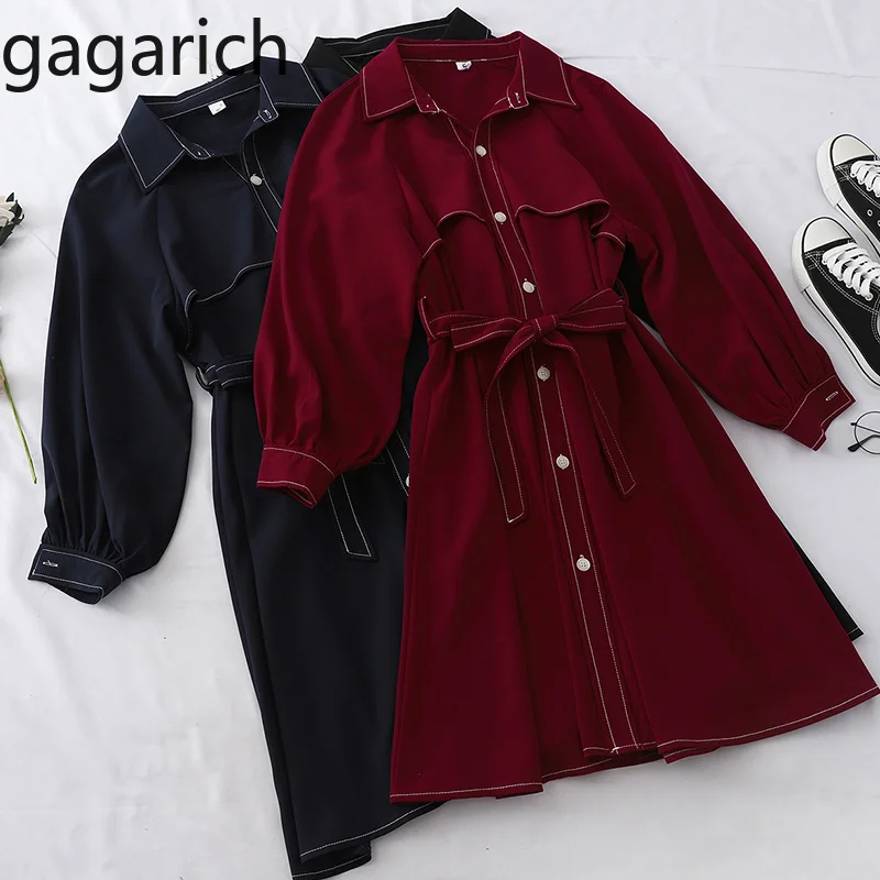 Gagarich Elegant Dress Women 2020 Autumn New Bright Line Midi Female Single Row Buckle Long Sleeve Strap Waist Lapel Vestidos | Женская