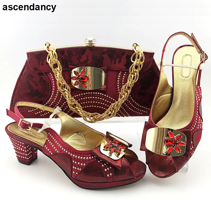 African Shoes and Bags Matching Set with Rhinestone Shoes and Bag for