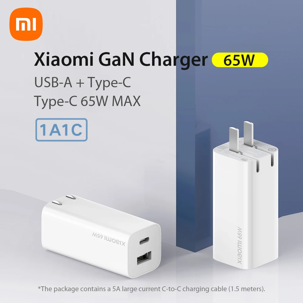 Xiaomi Mi GaN Charger 65W Type-C USB-A Portable Quick Charger with GaN Technology/C-to-C Charging Cable(5A MAX)/Wall Charger