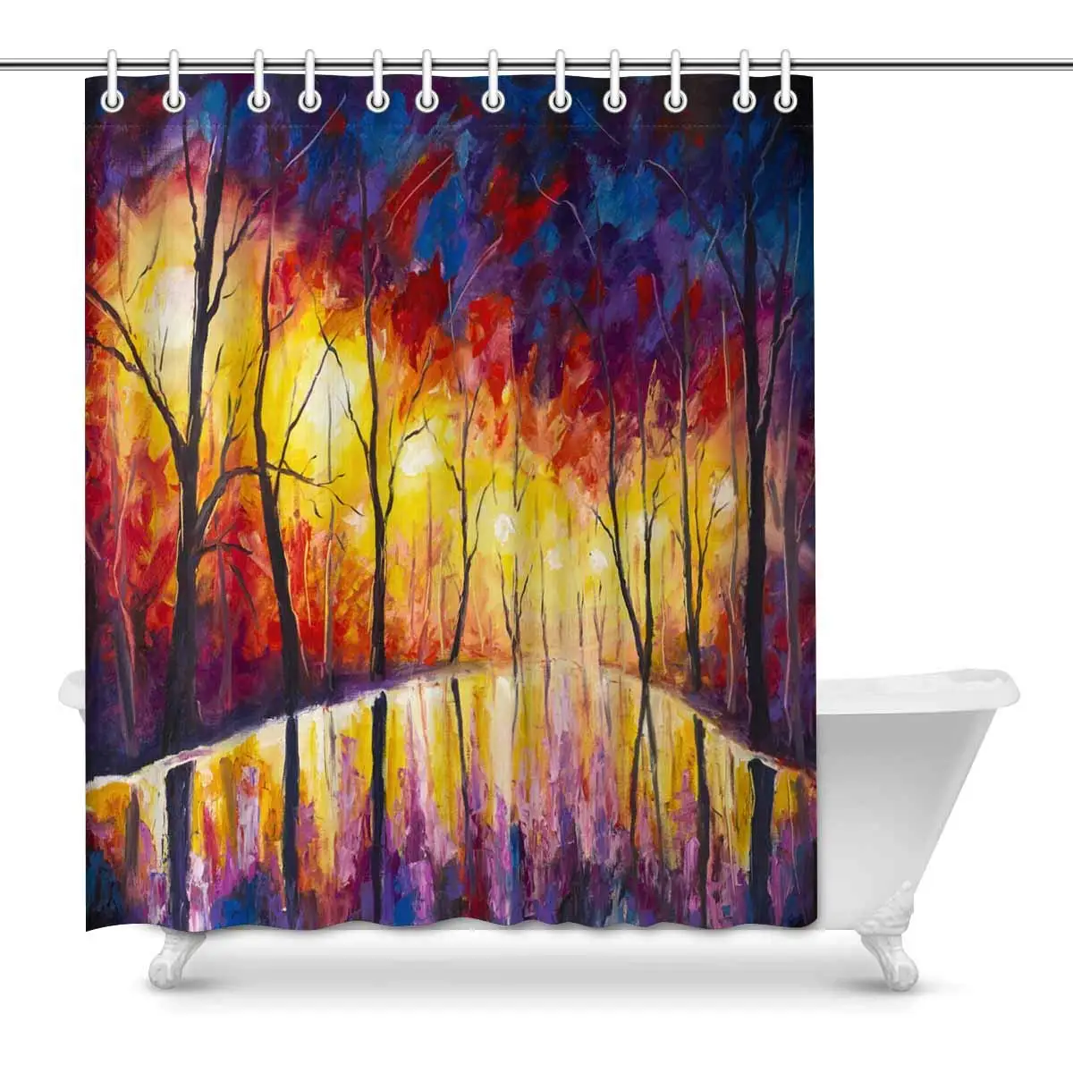 

Abstract Violet-Orange Lonely Night Park Cityscape Oil Painting Waterproof Shower Curtain Decor Fabric Bathroom Set with Hooks,