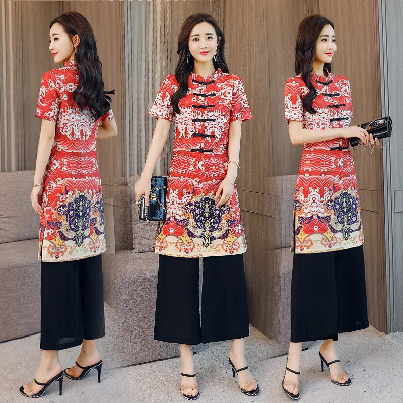 

China National Wind Retro Chiffon Printed Two-Piece Set Cheongsam Dress Loose Pants Set