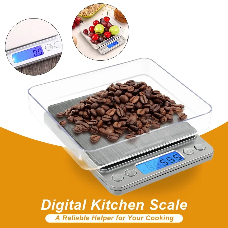 3 кг кухонные весы, электрические весы для еды, Большие весы для выпечки, инструменты с ЖК-подсветкой, ювелирные цифровые весы с лотком 2 шт