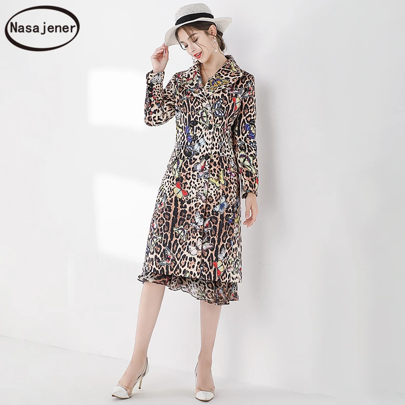 

Runway Fashion Autumn Winter Vintage Overcoat Women's Long Sleeve Leopard Printed Double Breasted Ladies Stylish Retro Outwear
