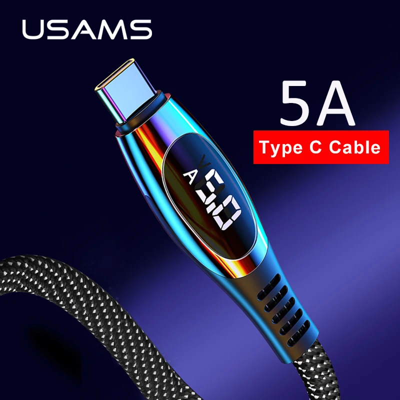 Кабель USAMS 5A Type C для Huawei Mate 30 pro P30 Xiaomi светодиодный дисплей кабель QC3.0 AFC быстрой