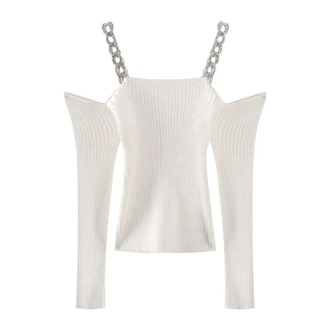 Осенний трикотажный свитер короткая Осенняя кофта блестящий вязаный с цепочкой