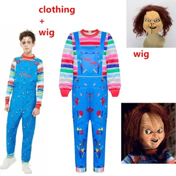 

Halloween Cosplay Scary Costume For Kids boys&Girls Child's Play Chucky Good Guys Cosplay Costumes Fake 2 pcs+Chucky brown wig