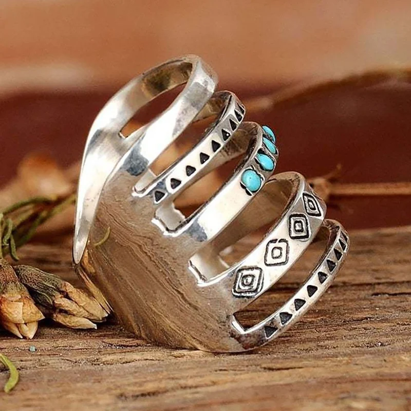 Silver Ring Vintage Bohemian Women's 925 Sterling Silver Multilayer Hollow Turquoise Ring Band Exquisite Engagement Wedding Rings