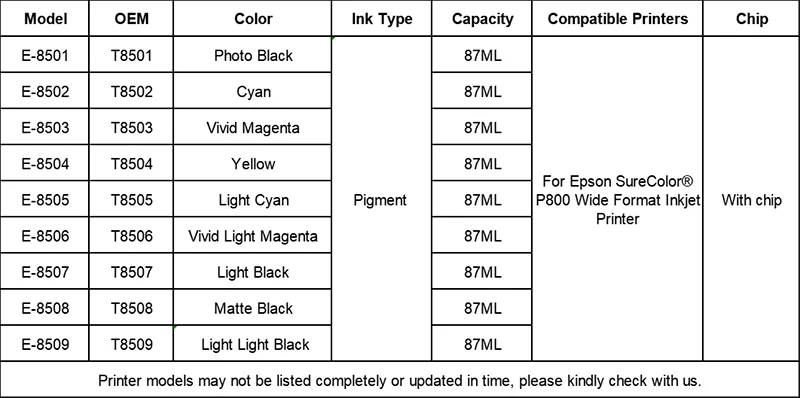 Tatrix совместимый для Epson T8501 t8501-t8509 чернильные картриджи костюм для Epson SureColor P800 SC-P800 принтер