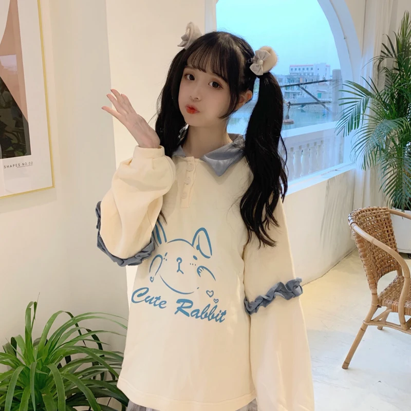 Осенний японский женский Harajuku интересный свитер свободный длинный рукав свитер для девочки милый синий пуловер