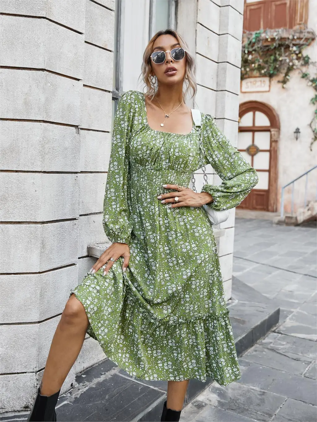 Chifirena Elegant Party Mid-Length Vintage Autumn Dress Women Square Collar Floral Print Ruffles Casual Dresses Minie Vestidos