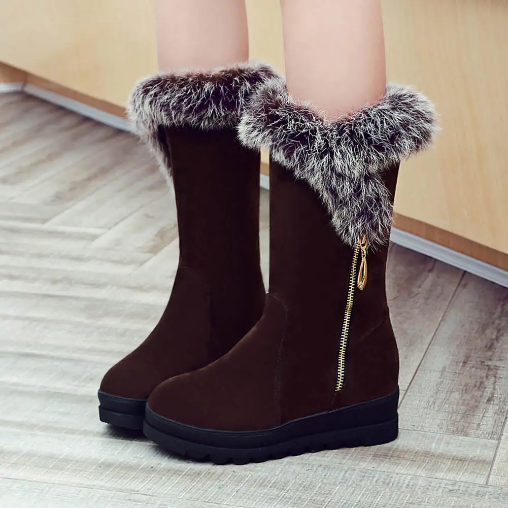 RIBETRINI Thermal Fur Boots Women Hidden Wedge Heels Round Toe Platform Shoes Woman Rabbit Hair Nubuck Snow Boots Big Size