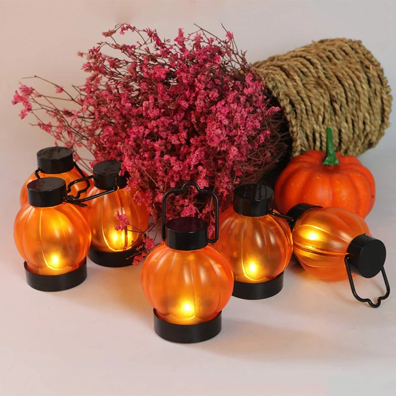 

New-6PCS Orange Lantern Yellow Flickering Light Candle Art Decor Pumpkin Lantern Flameless Battery Operated LED Light Candles Ho