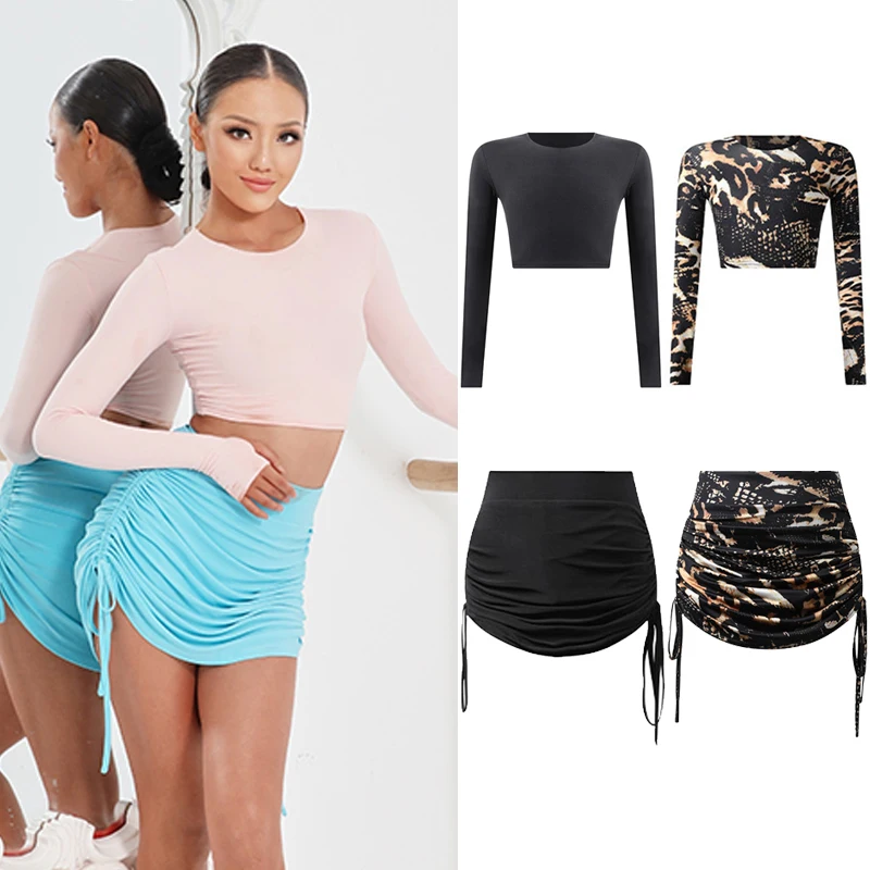 Women's Latin Dance Tops Round Neck Drawstring Skirt Long Sleeves Practice Clothes Adult Samba Rumba Show Costume DNV15464 |