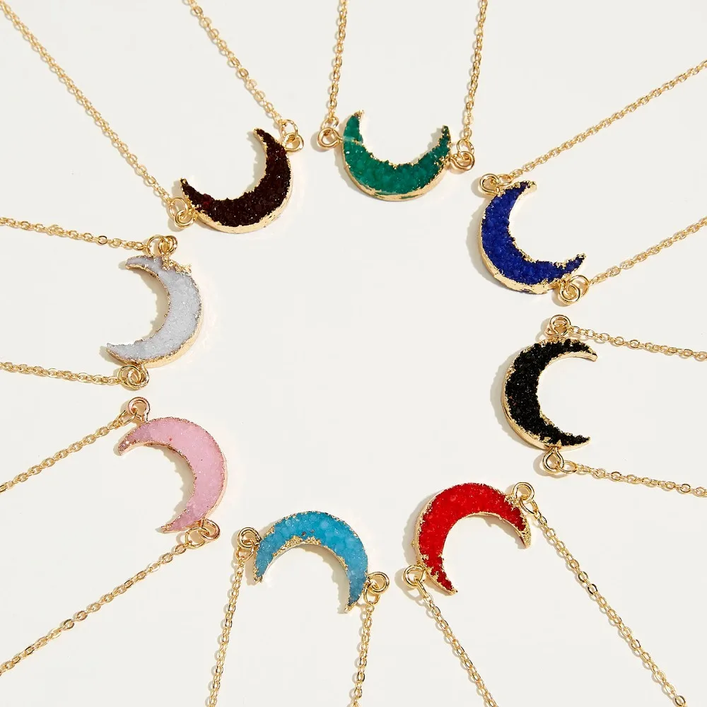 Rinhoo 8 цветов в форме Луны Druzy ожерелье Мода смола искусственный камень ожерелье золотой цвет бумажная открытка ювелирные изделия для женщин девочек