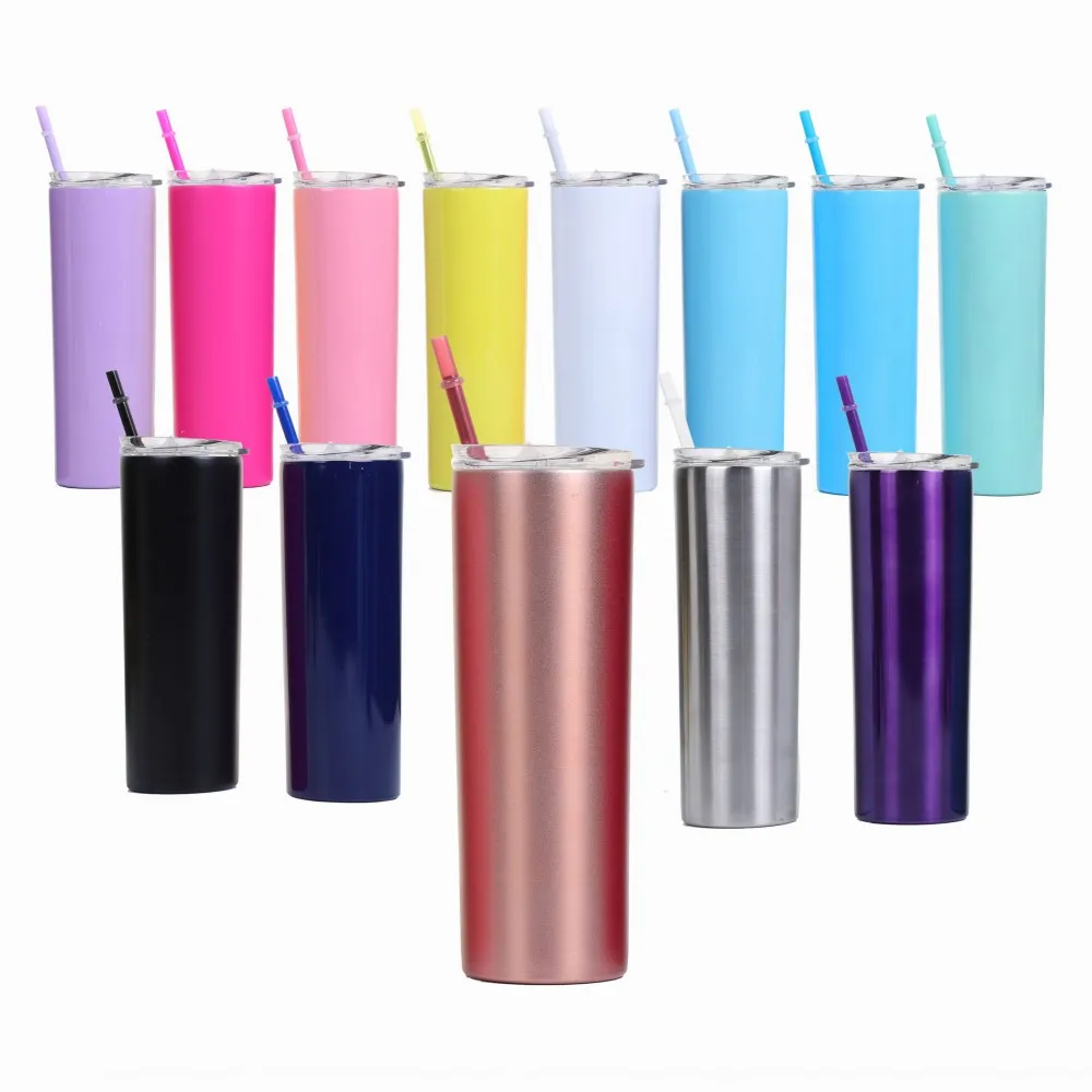 

20oz skinny tumbler stainless steel Straight cup with rainbow straw and lid Vacuum flask travel mug Unbreakable Drink