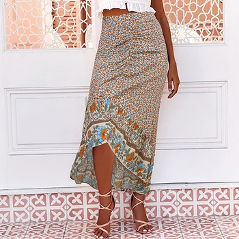 

WENYUJH 2020 Summer Women Vintage Floral Print Irregular Skirts Female Elastic High Waist Long Maxi Polka Dot Beach Boho Skirt