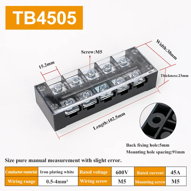 1pcs 45A 600V TB4503 TB4504 TB4505 TB4506 TB4510 TB4512 Dual Row Barrier Screw Terminal Block Strip Wire Connector Wiring tool TB4505