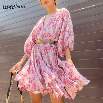 

Free Shipping 2020 New Women Elegant Print Dress Sexy V-neck Lantern Sleeve Belt Draped A-line Dresses Club Night Party Vestidos