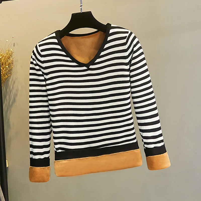 V-neck black stripes Зима плюс толстый бархатный вязаный свитер Нижняя рубашка Бархатная подкладка теплого свитера Pull Пуловер женский Модный толстый свитер - Цвет: V-neck black stripes