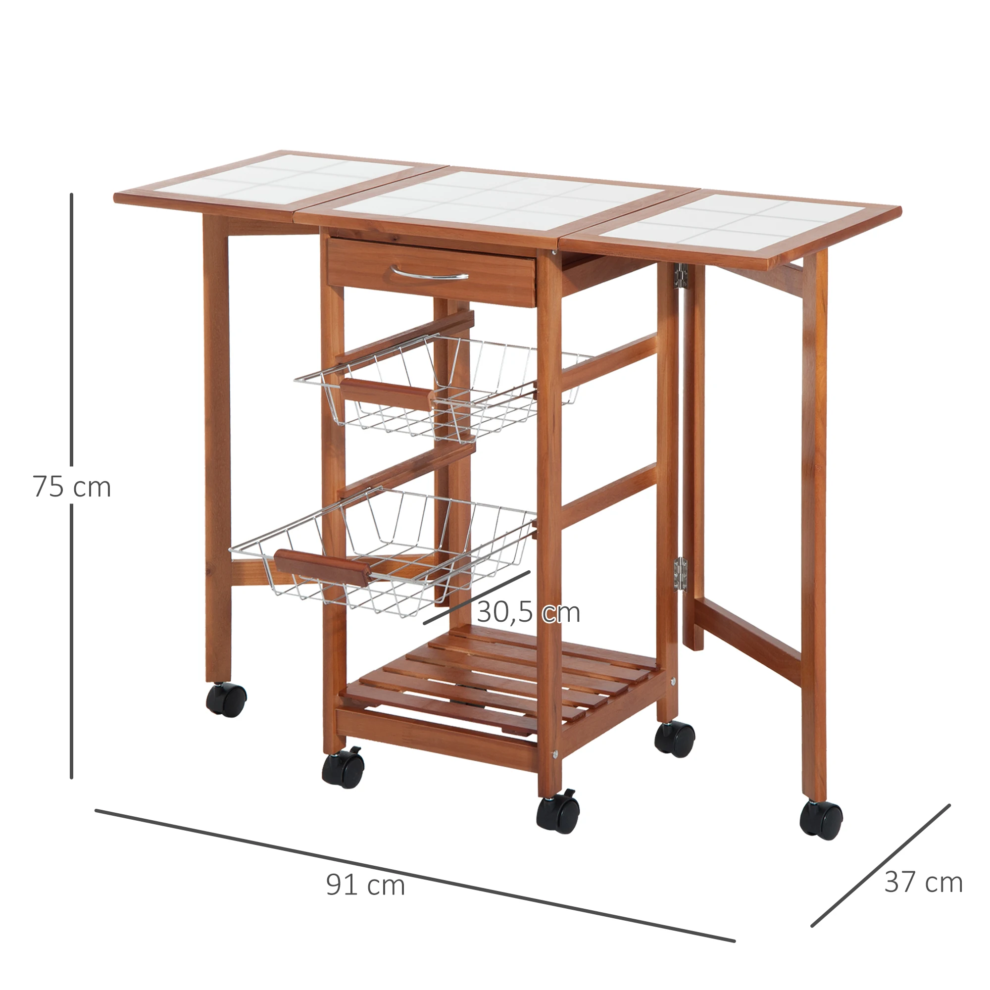 HOMCOM Mesa Auxiliar Cocina 92x37x75 cm Plegable 6 Ruedas 1 Cajon 2 Cestas  Carrito Servicio Pino Metal Cromado - AliExpress