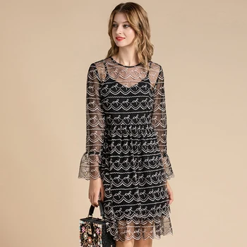 

LD LINDA DELLA 2020 Summer Fashion Runway Vintage Dress Mesh embroidery women Ruffled ladies autumn office dress vestidos