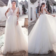 Сексуальное Тюлевое свадебное платье трапециевидной формы с v-образным вырезом и кружевной аппликацией, дизайнерское свадебное платье с длинным рукавом и пуговицей на спине