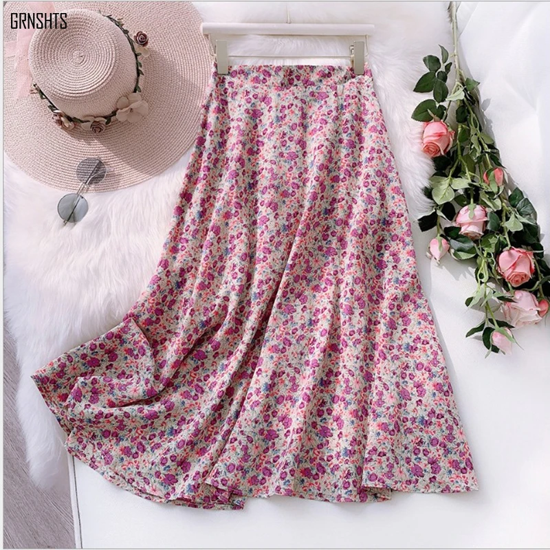 

Summer Drawstring Pleated Split High Waist Bag Hip Mid-length Skirts Bohemian Print Elegant Charming Small Floral Chiffon Skirt