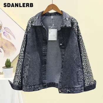 

Spring Autumn Denim Jacket for Woman New Sequin Sleeves Loose Fitting Washed Jeans Coat Femme Student Streetwear Casual Coats