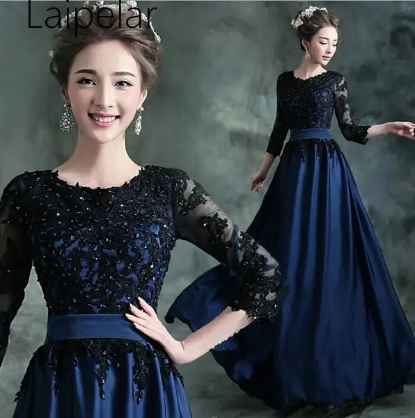 Элегантное платье для девочек, Vestidos De Fiesta, De Noche Королевский синий даже-лепно Платье длинное с кружевными рукавами Robe De Soiree даже-лепно платья даже-лепно платье