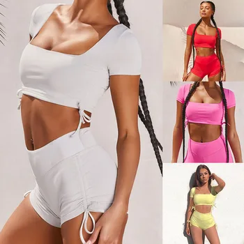 

Elastic Crop Top Set and Drawstring Shorts Backless Hollow Sexy 2 Pieces Set Home Clothes Tracksuit Outfit