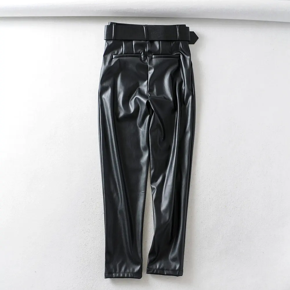 Женские шикарные теплые штаны из искусственной кожи, с галстуком-бабочкой, с поясом, карманами, на молнии, черные Повседневные базовые брюки, pantalones mujer