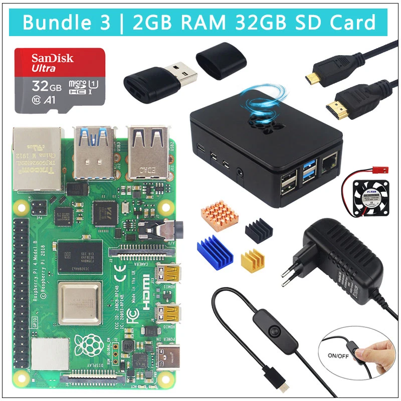 Комплект 3 Raspberry Pi 4 Модель B комплект+ ABS чехол+ 32 64 Гб sd-карта+ адаптер питания+ вентилятор+ радиатор+ HDMI кабель для Raspberry Pi 4 - Комплект: Комплект 3
