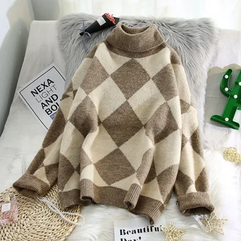 

Casual Turtleneck Plaid Knitted Women Sweaters Loose Thicken Warm Lady Elegant Pulls Outwear Coat Tops