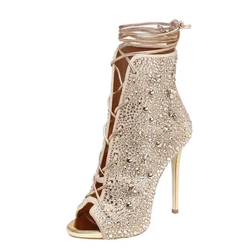

YECHNE Vrouwen Peep Toe Enkellaars Plus Size 33 43 bruiloft Hakken Strass Sandalen Zomer Sexy Lace Up Gladiator Sandalen