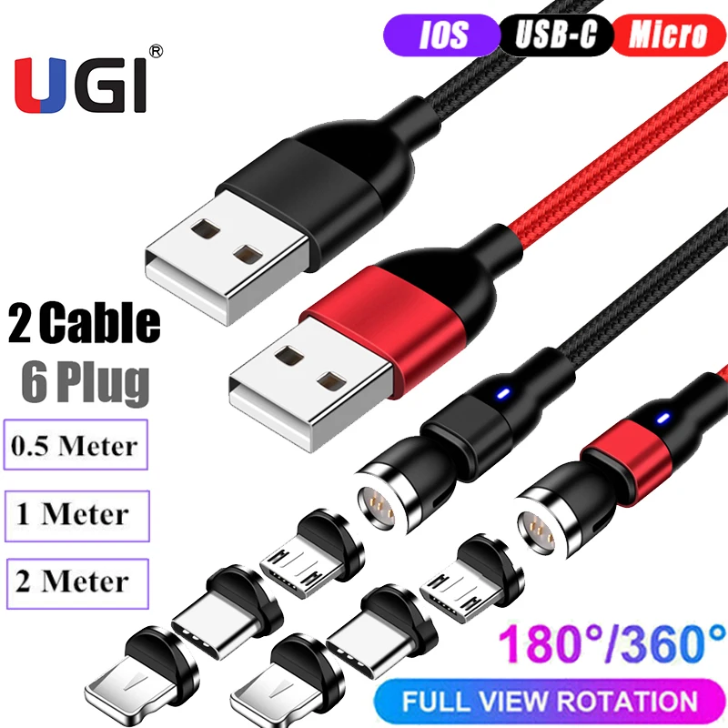 UGI 2 Упак. (2 кабеля + 6 штепсельных вилок) 3 в 1 быстрая зарядка Магнитный кабель для