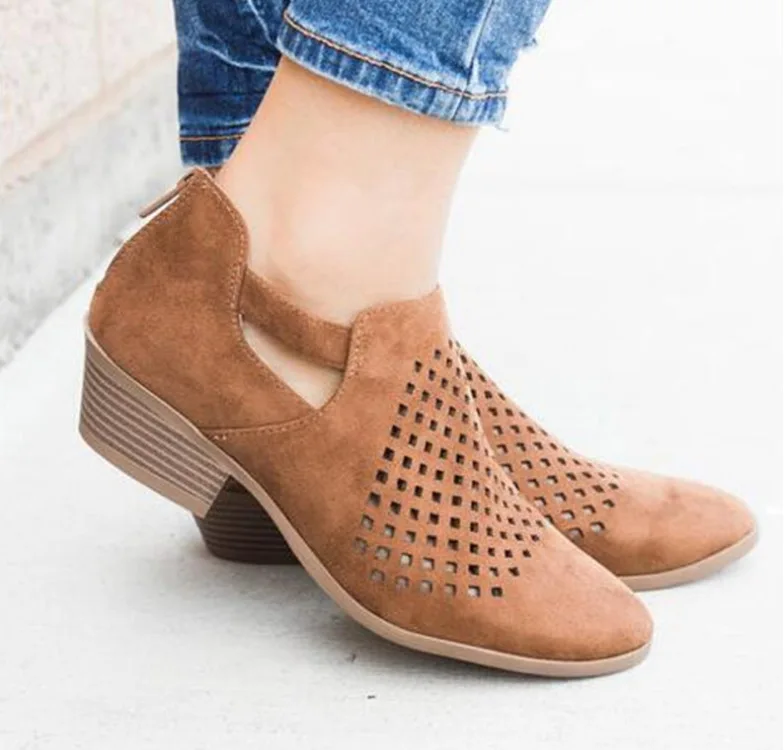 

Women Fashion Ladies Round Toe Pumps Flock Shallow Shoes Loafers Square Heel Hollow Out Casual Shoes Spring Women 2019