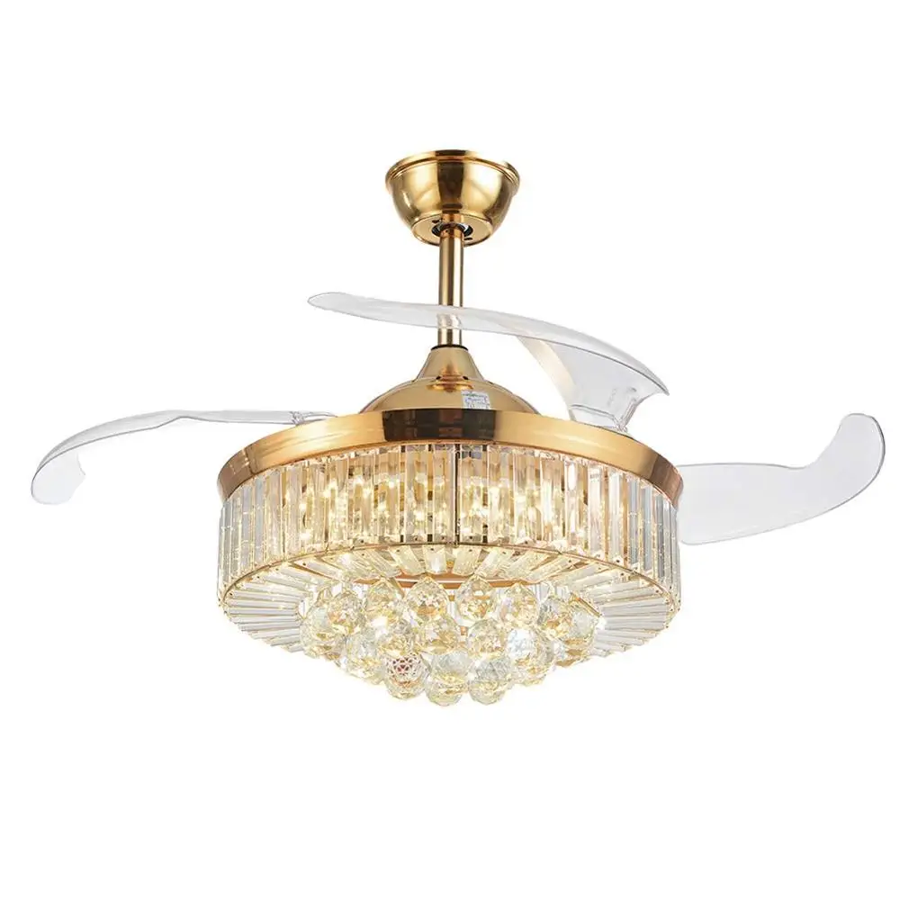 

42'' Modern Crystal Ceiling Fan with Light Luxury LED Chandelier Remote Control Invisible Acrylic Blades Ceiling Fixture