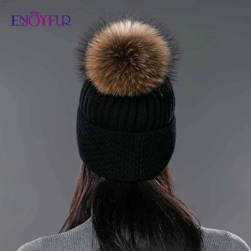 Женская шапка с помпоном ENJOYFUR, зимняя белая шапка-бини из шерсти и хлопка, с помпоном из натурального меха