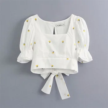 

2020 Summer Women's New French Square Collar Short Sleeve Casual Embroidery Thread Pattern Bubble Sleeve Short Shirt