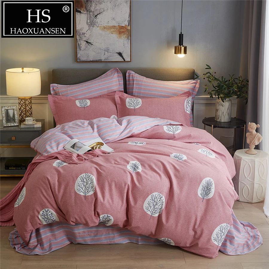 

4pcs Trees/stipe Print Cotton Sanding Thick For Autumn Winter Duvet Cover Flat Sheets Shams Set Queen King Size