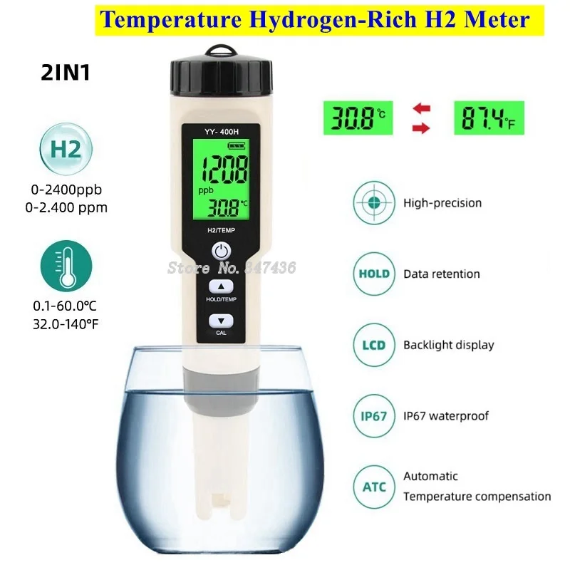 

YY-400H H2/TEMP Meter 0-4000ppb Digital Hydrogen Ion Water Quality Monitor Tester ATC for Drinking Aquariums Laboratory