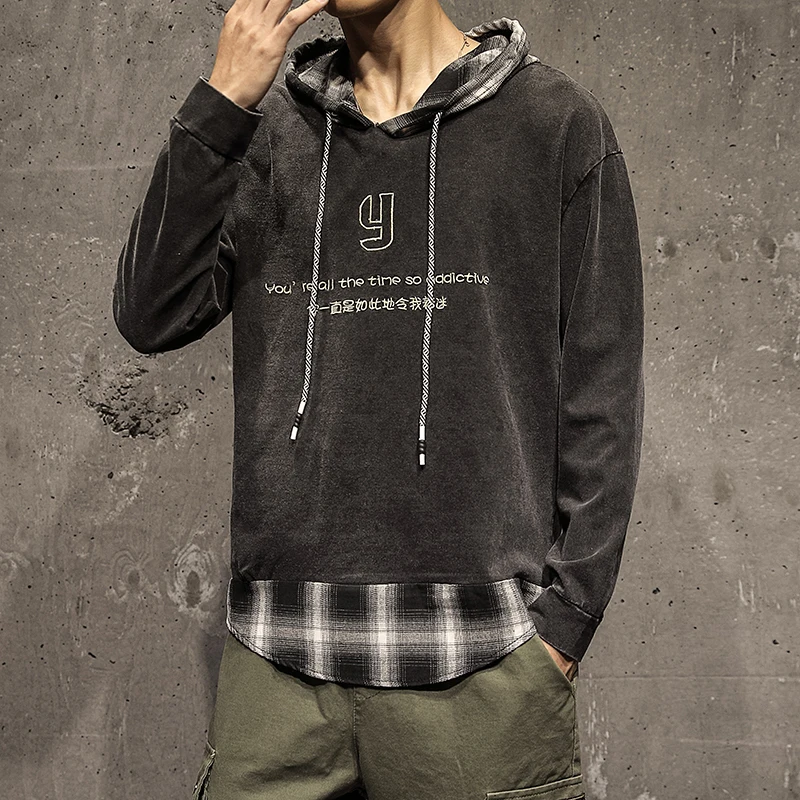 

Autumn New Long-sleeved T Shirt Men Fashion Lattice Stitching Casual Hooded Tshirt Man Streetwear Wild Hip-hop Loose T-shirt