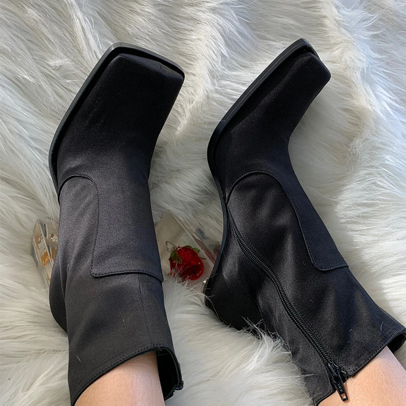 

2019 new style stylish boots crystal with rose cigarette fashionable side zipper ankle boots square head versatile boots
