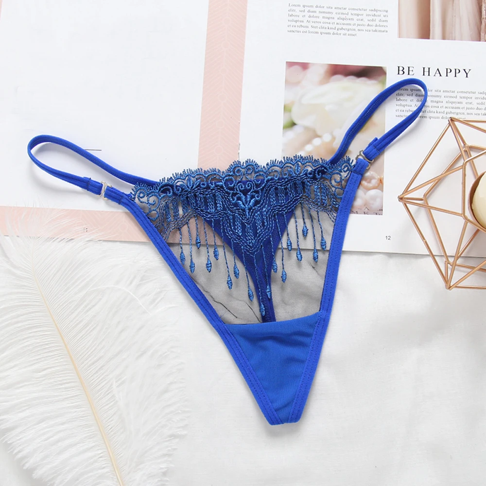 Синий Women Sexy Lingerie G-string Perspective Underwear Embroideried Tassel Thongs Panties Briefs Intimates - Цвет: Синий
