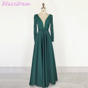 

Dark Green Prom Dress Sexy Deep V-neck Long Sleeves Laces Top Backless Simple Bow Satin Illusion Evening Dress فساتين السهرة